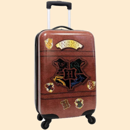 Brown glossy Hogwarts spinner suitcase decorated with pretend stickers